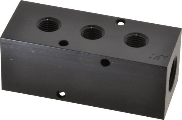 Made in USA - 1/2" Inlet, 1/4" Outlet Manifold - 3-3/4" Long x 1-1/2" Wide x 1-1/2" High, 0.2" Mount Hole, 2 Inlet Ports, 3 Outlet Ports - Exact Tooling