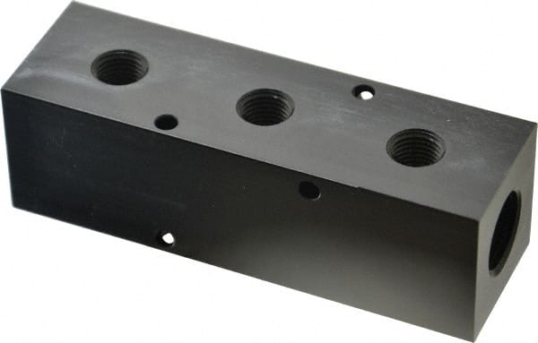 Made in USA - 1/2" Inlet, 1/4" Outlet Manifold - 4-3/4" Long x 1-1/2" Wide x 1-1/2" High, 0.2" Mount Hole, 2 Inlet Ports, 3 Outlet Ports - Exact Tooling