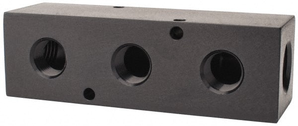 Made in USA - 1/2" Inlet, 3/8" Outlet Manifold - 4-3/4" Long x 1-1/2" Wide x 1-1/2" High, 0.2" Mount Hole, 2 Inlet Ports, 3 Outlet Ports - Exact Tooling