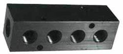 Made in USA - 1/2" Inlet, 1/4" Outlet Manifold - 3-3/4" Long x 1-1/2" Wide x 1-1/2" High, 0.2" Mount Hole, 2 Inlet Ports, 3 Outlet Ports - Exact Tooling