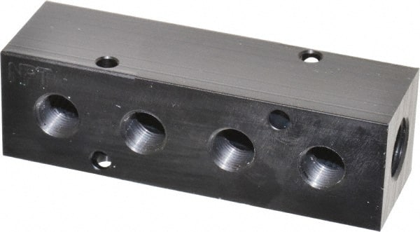 Made in USA - 1/4" Inlet, 1/8" Outlet Manifold - 3-1/4" Long x 1" Wide x 1" High, 0.17" Mount Hole, 2 Inlet Ports, 4 Outlet Ports - Exact Tooling
