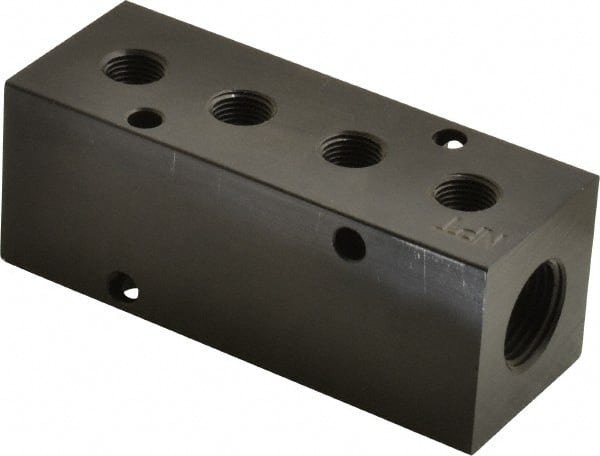 Made in USA - 3/8" Inlet, 1/8" Outlet Manifold - 4.12" Long x 1-1/4" Wide x 1-1/4" High, 0.2" Mount Hole, 2 Inlet Ports, 4 Outlet Ports - Exact Tooling