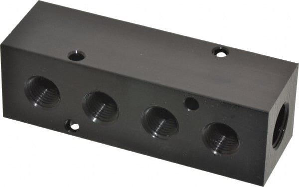 Made in USA - 3/8" Inlet, 1/4" Outlet Manifold - 4.12" Long x 1-1/4" Wide x 1-1/4" High, 0.2" Mount Hole, 2 Inlet Ports, 4 Outlet Ports - Exact Tooling