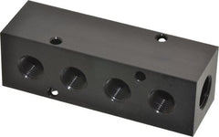 Made in USA - 3/8" Inlet, 1/4" Outlet Manifold - 4.12" Long x 1-1/4" Wide x 1-1/4" High, 0.2" Mount Hole, 2 Inlet Ports, 4 Outlet Ports - Exact Tooling