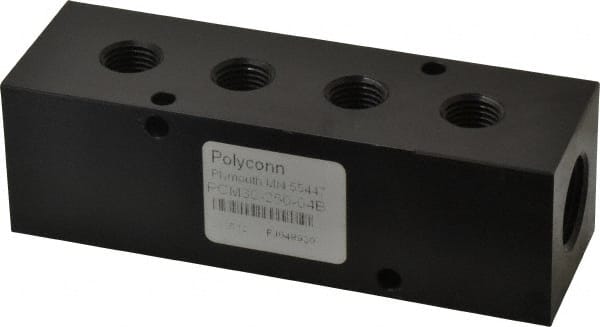 Made in USA - 1/2" Inlet, 1/4" Outlet Manifold - 4-3/4" Long x 1-1/2" Wide x 1-1/2" High, 0.2" Mount Hole, 2 Inlet Ports, 4 Outlet Ports - Exact Tooling