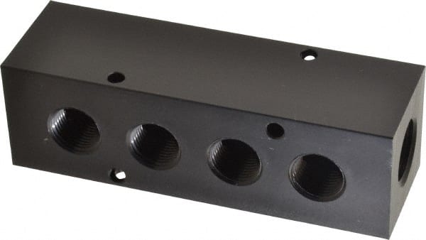 Made in USA - 1/2" Inlet, 3/8" Outlet Manifold - 4-3/4" Long x 1-1/2" Wide x 1-1/2" High, 0.2" Mount Hole, 2 Inlet Ports, 4 Outlet Ports - Exact Tooling