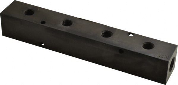 Made in USA - 1/4" Inlet, 1/8" Outlet Manifold - 6-1/4" Long x 1" Wide x 1" High, 0.17" Mount Hole, 2 Inlet Ports, 4 Outlet Ports - Exact Tooling