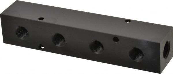Made in USA - 3/8" Inlet, 1/4" Outlet Manifold - 6-1/4" Long x 1-1/4" Wide x 1-1/4" High, 0.2" Mount Hole, 2 Inlet Ports, 4 Outlet Ports - Exact Tooling