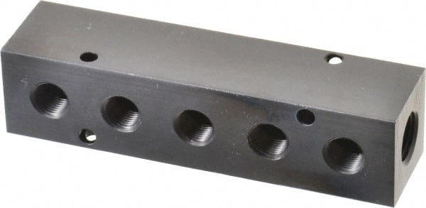 Made in USA - 1/4" Inlet, 1/8" Outlet Manifold - 4" Long x 1" Wide x 1" High, 0.17" Mount Hole, 2 Inlet Ports, 5 Outlet Ports - Exact Tooling