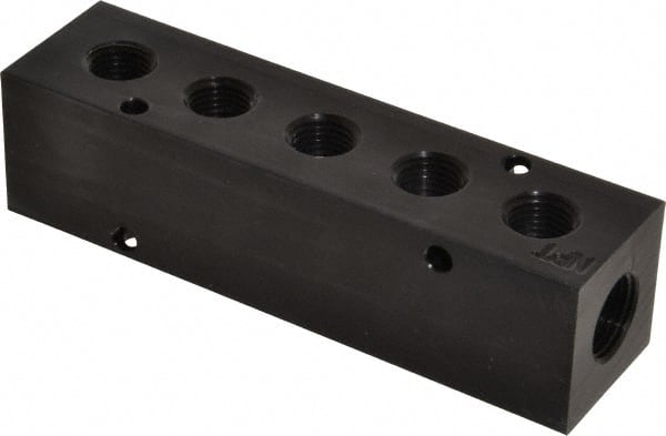 Made in USA - 3/8" Inlet, 1/4" Outlet Manifold - 5" Long x 1-1/4" Wide x 1-1/4" High, 0.2" Mount Hole, 2 Inlet Ports, 5 Outlet Ports - Exact Tooling