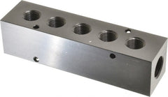 Made in USA - 1/2" Inlet, 3/8" Outlet Manifold - 5-3/4" Long x 1-1/2" Wide x 1-1/2" High, 0.2" Mount Hole, 2 Inlet Ports, 5 Outlet Ports - Exact Tooling