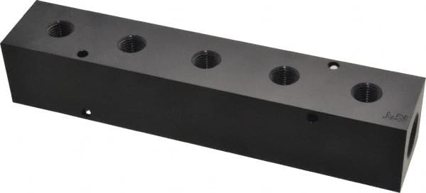 Made in USA - 1/2" Inlet, 1/4" Outlet Manifold - 7-3/4" Long x 1-1/2" Wide x 1-1/2" High, 0.2" Mount Hole, 2 Inlet Ports, 5 Outlet Ports - Exact Tooling