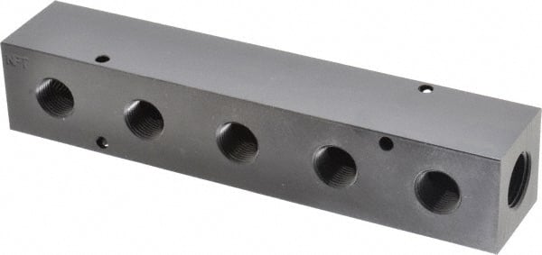 Made in USA - 1/2" Inlet, 3/8" Outlet Manifold - 7-3/4" Long x 1-1/2" Wide x 1-1/2" High, 0.2" Mount Hole, 2 Inlet Ports, 5 Outlet Ports - Exact Tooling