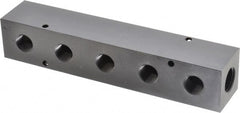 Made in USA - 1/2" Inlet, 3/8" Outlet Manifold - 7-3/4" Long x 1-1/2" Wide x 1-1/2" High, 0.2" Mount Hole, 2 Inlet Ports, 5 Outlet Ports - Exact Tooling