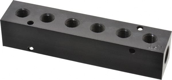 Made in USA - 1/4" Inlet, 1/8" Outlet Manifold - 4-3/4" Long x 1" Wide x 1" High, 0.17" Mount Hole, 2 Inlet Ports, 6 Outlet Ports - Exact Tooling