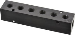 Made in USA - 1/4" Inlet, 1/8" Outlet Manifold - 4-3/4" Long x 1" Wide x 1" High, 0.17" Mount Hole, 2 Inlet Ports, 6 Outlet Ports - Exact Tooling