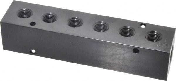 Made in USA - 3/8" Inlet, 1/4" Outlet Manifold - 5.88" Long x 1-1/4" Wide x 1-1/4" High, 0.2" Mount Hole, 2 Inlet Ports, 6 Outlet Ports - Exact Tooling