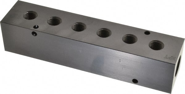 Made in USA - 1/2" Inlet, 1/4" Outlet Manifold - 6-3/4" Long x 1-1/2" Wide x 1-1/2" High, 0.2" Mount Hole, 2 Inlet Ports, 6 Outlet Ports - Exact Tooling