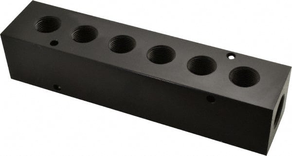 Made in USA - 1/2" Inlet, 3/8" Outlet Manifold - 6-3/4" Long x 1-1/2" Wide x 1-1/2" High, 0.2" Mount Hole, 2 Inlet Ports, 6 Outlet Ports - Exact Tooling
