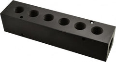 Made in USA - 1/2" Inlet, 3/8" Outlet Manifold - 6-3/4" Long x 1-1/2" Wide x 1-1/2" High, 0.2" Mount Hole, 2 Inlet Ports, 6 Outlet Ports - Exact Tooling