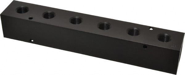 Made in USA - 1/2" Inlet, 3/8" Outlet Manifold - 9-1/4" Long x 1-1/2" Wide x 1-1/2" High, 0.2" Mount Hole, 2 Inlet Ports, 6 Outlet Ports - Exact Tooling