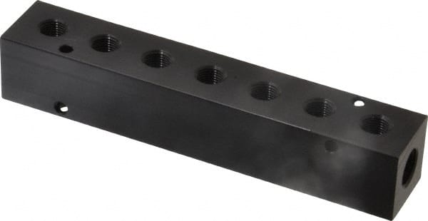 Made in USA - 1/4" Inlet, 1/8" Outlet Manifold - 5-1/2" Long x 1" Wide x 1" High, 0.17" Mount Hole, 2 Inlet Ports, 7 Outlet Ports - Exact Tooling