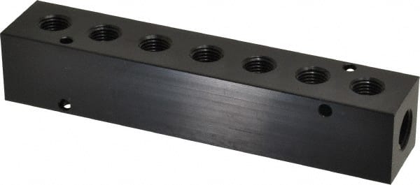 Made in USA - 3/8" Inlet, 1/4" Outlet Manifold - 6-3/4" Long x 1-1/4" Wide x 1-1/4" High, 0.2" Mount Hole, 2 Inlet Ports, 7 Outlet Ports - Exact Tooling