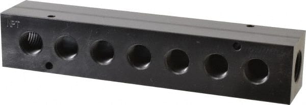 Made in USA - 1/2" Inlet, 3/8" Outlet Manifold - 7-3/4" Long x 1-1/2" Wide x 1-1/2" High, 0.2" Mount Hole, 2 Inlet Ports, 7 Outlet Ports - Exact Tooling