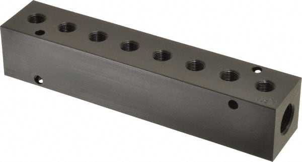 Made in USA - 3/8" Inlet, 1/8" Outlet Manifold - 7.62" Long x 1-1/4" Wide x 1-1/4" High, 0.2" Mount Hole, 2 Inlet Ports, 8 Outlet Ports - Exact Tooling