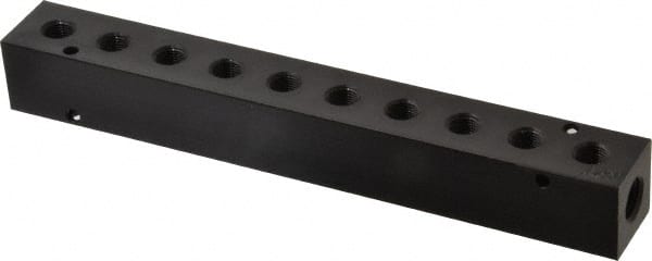 Made in USA - 1/4" Inlet, 1/8" Outlet Manifold - 7-3/4" Long x 1" Wide x 1" High, 0.17" Mount Hole, 2 Inlet Ports, 10 Outlet Ports - Exact Tooling
