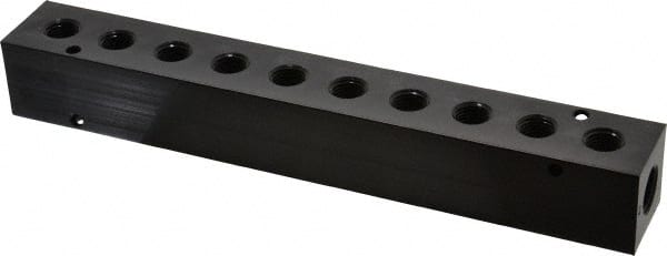 Made in USA - 3/8" Inlet, 1/4" Outlet Manifold - 9.38" Long x 1-1/4" Wide x 1-1/4" High, 0.2" Mount Hole, 2 Inlet Ports, 10 Outlet Ports - Exact Tooling