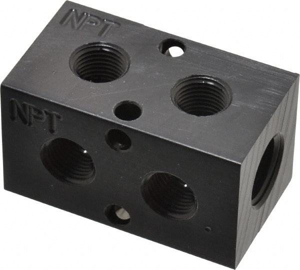 Made in USA - 1/4" Inlet, 1/8" Outlet Manifold - 1-3/4" Long x 1" Wide x 1" High, 0.17" Mount Hole, 2 Inlet Ports, 2 Outlet Ports - Exact Tooling