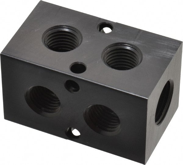 Made in USA - 3/8" Inlet, 1/4" Outlet Manifold - 2.37" Long x 1-1/4" Wide x 1-1/4" High, 0.2" Mount Hole, 2 Inlet Ports, 2 Outlet Ports - Exact Tooling
