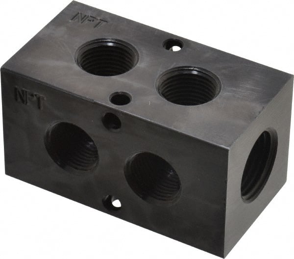 Made in USA - 1/2" Inlet, 3/8" Outlet Manifold - 2-3/4" Long x 1-1/2" Wide x 1-1/2" High, 0.2" Mount Hole, 2 Inlet Ports, 2 Outlet Ports - Exact Tooling