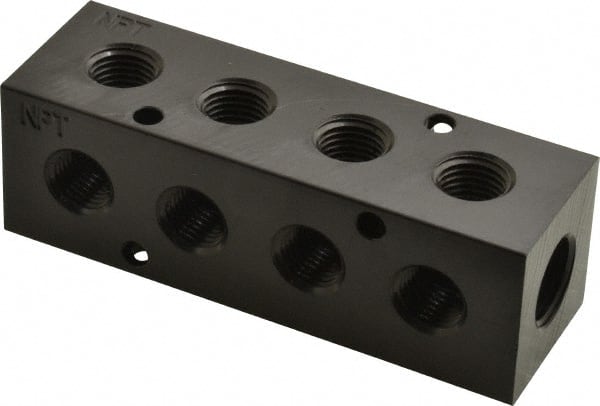 Made in USA - 3/8" Inlet, 1/4" Outlet Manifold - 4.12" Long x 1-1/4" Wide x 1-1/4" High, 0.2" Mount Hole, 2 Inlet Ports, 4 Outlet Ports - Exact Tooling