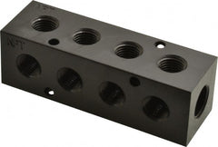 Made in USA - 3/8" Inlet, 1/4" Outlet Manifold - 4.12" Long x 1-1/4" Wide x 1-1/4" High, 0.2" Mount Hole, 2 Inlet Ports, 4 Outlet Ports - Exact Tooling