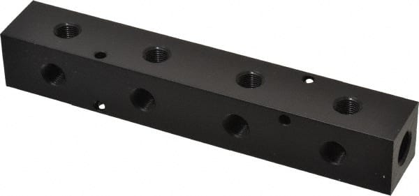 Made in USA - 1/4" Inlet, 1/8" Outlet Manifold - 6-1/4" Long x 1" Wide x 1" High, 0.17" Mount Hole, 2 Inlet Ports, 4 Outlet Ports - Exact Tooling