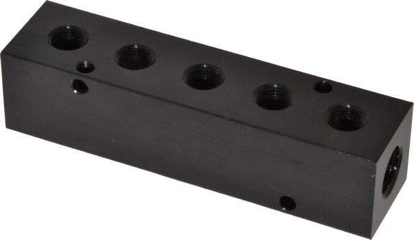 Made in USA - 1/4" Inlet, 1/8" Outlet Manifold - 4" Long x 1" Wide x 1" High, 0.17" Mount Hole, 2 Inlet Ports, 5 Outlet Ports - Exact Tooling