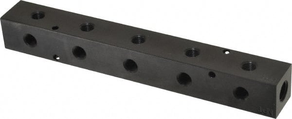 Made in USA - 1/4" Inlet, 1/8" Outlet Manifold - 7-1/2" Long x 1" Wide x 1" High, 0.17" Mount Hole, 2 Inlet Ports, 5 Outlet Ports - Exact Tooling
