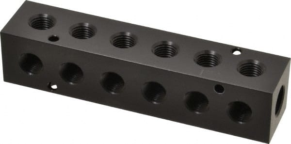 Made in USA - 3/8" Inlet, 1/4" Outlet Manifold - 5.88" Long x 1-1/4" Wide x 1-1/4" High, 0.2" Mount Hole, 2 Inlet Ports, 6 Outlet Ports - Exact Tooling