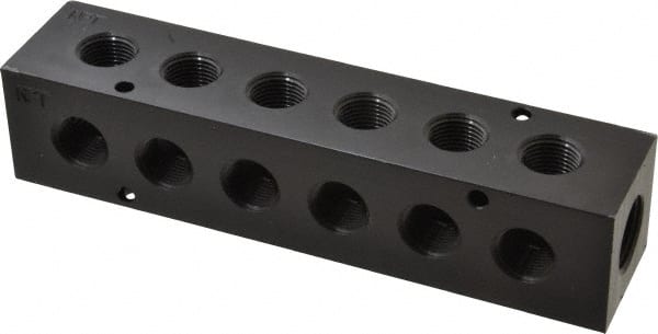 Made in USA - 1/2" Inlet, 3/8" Outlet Manifold - 6-3/4" Long x 1-1/2" Wide x 1-1/2" High, 0.2" Mount Hole, 2 Inlet Ports, 6 Outlet Ports - Exact Tooling