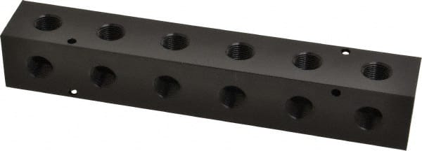 Made in USA - 1/2" Inlet, 3/8" Outlet Manifold - 9-1/4" Long x 1-1/2" Wide x 1-1/2" High, 0.2" Mount Hole, 2 Inlet Ports, 6 Outlet Ports - Exact Tooling