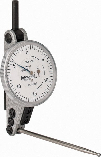 INTERAPID - 0.06 Inch Range, 0.0005 Inch Dial Graduation, Horizontal Dial Test Indicator - 1-1/2 Inch White Dial, 0-15-0 Dial Reading - Exact Tooling