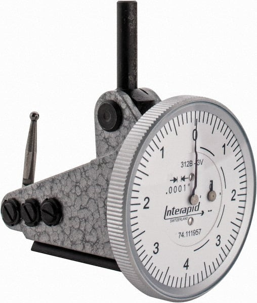 INTERAPID - 0.016 Inch Range, 0.0001 Inch Dial Graduation, Vertical Dial Test Indicator - 1-1/2 Inch White Dial, 0-4-0 Dial Reading - Exact Tooling