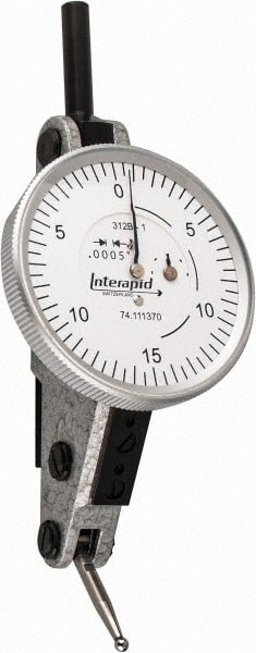 INTERAPID - 0.06 Inch Range, 0.0005 Inch Dial Graduation, Horizontal Dial Test Indicator - 1-1/2 Inch White Dial, 0-15-0 Dial Reading - Exact Tooling