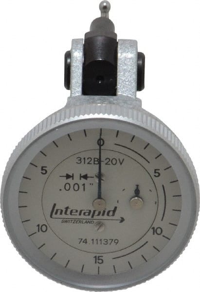 INTERAPID - 0.06 Inch Range, 0.001 Inch Dial Graduation, Vertical Dial Test Indicator - 1.2 Inch White Dial, 0-15-0 Dial Reading - Exact Tooling