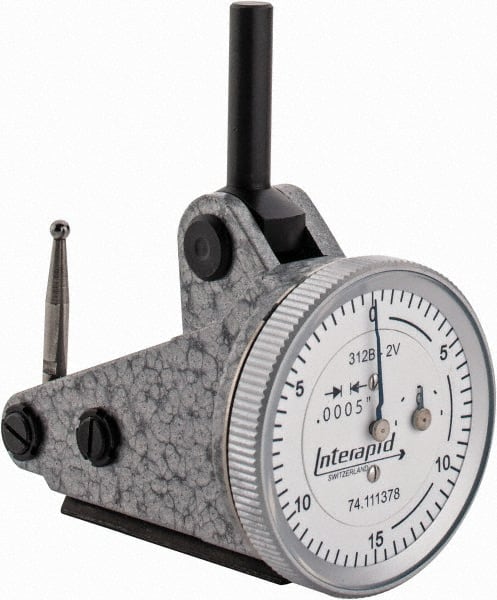 INTERAPID - 0.06 Inch Range, 0.0005 Inch Dial Graduation, Vertical Dial Test Indicator - 1.2 Inch White Dial, 0-15-0 Dial Reading - Exact Tooling