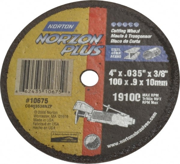 Norton - 4" Ceramic Cutoff Wheel - 0.035" Thick, 3/8" Arbor, 19,100 Max RPM, Use with Die Grinders - Exact Tooling