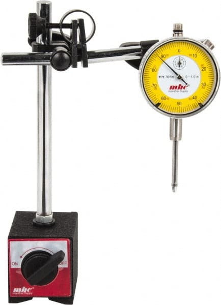 Value Collection - 0.001" Graduation, 0-100 Dial Reading, Indicator & Base Kit - 63mm Base Length x 50mm Base Width x 55mm Base Height, 2-9/32" Dial Diam - Exact Tooling