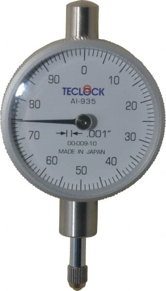 Teclock - 1/4" Range, 0-100 Dial Reading, 0.001" Graduation Dial Drop Indicator - 1-17/32" Dial, 0.1" Range per Revolution, 0.0007" Accuracy - Exact Tooling